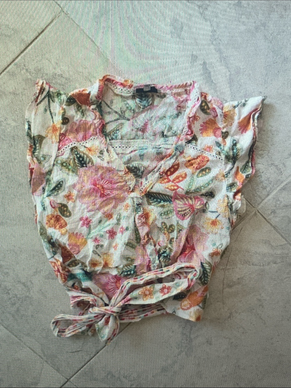Rachel Zoe White Floral Tie-Front Blouse with Pink, Orange and Green Accents